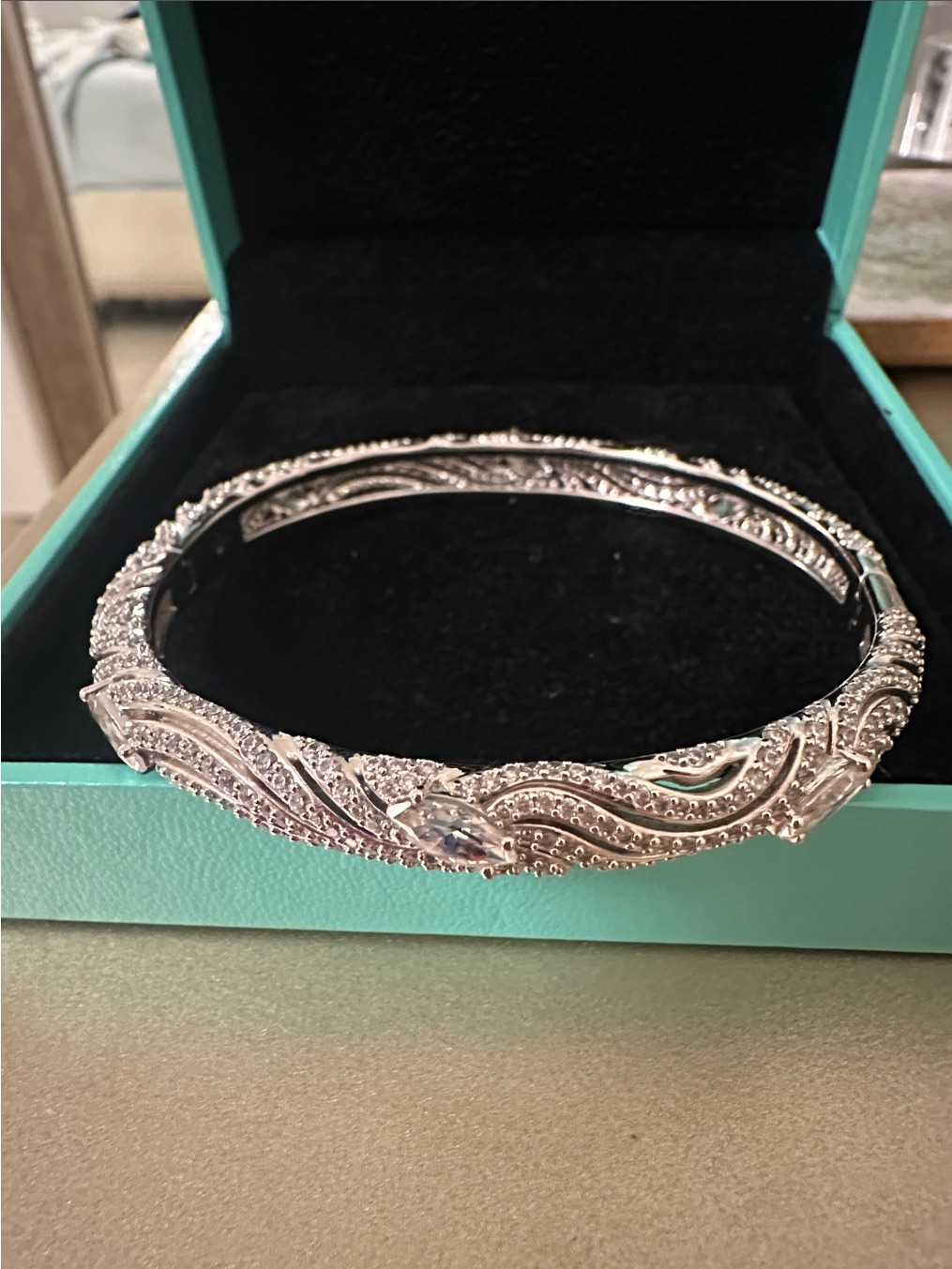 Napier Silver-Tone Cz Crystal Hinged Bangle Bracelet